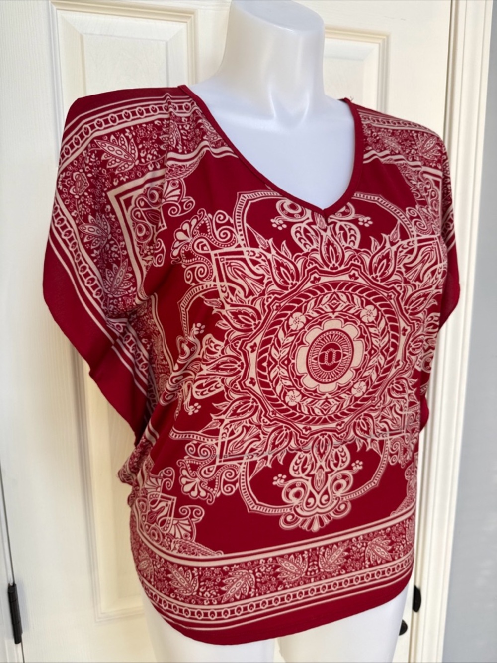 AGENDA Boho Batwing Blouse Womens Red Floral Paisley Handkerchief Flowy Top sz L